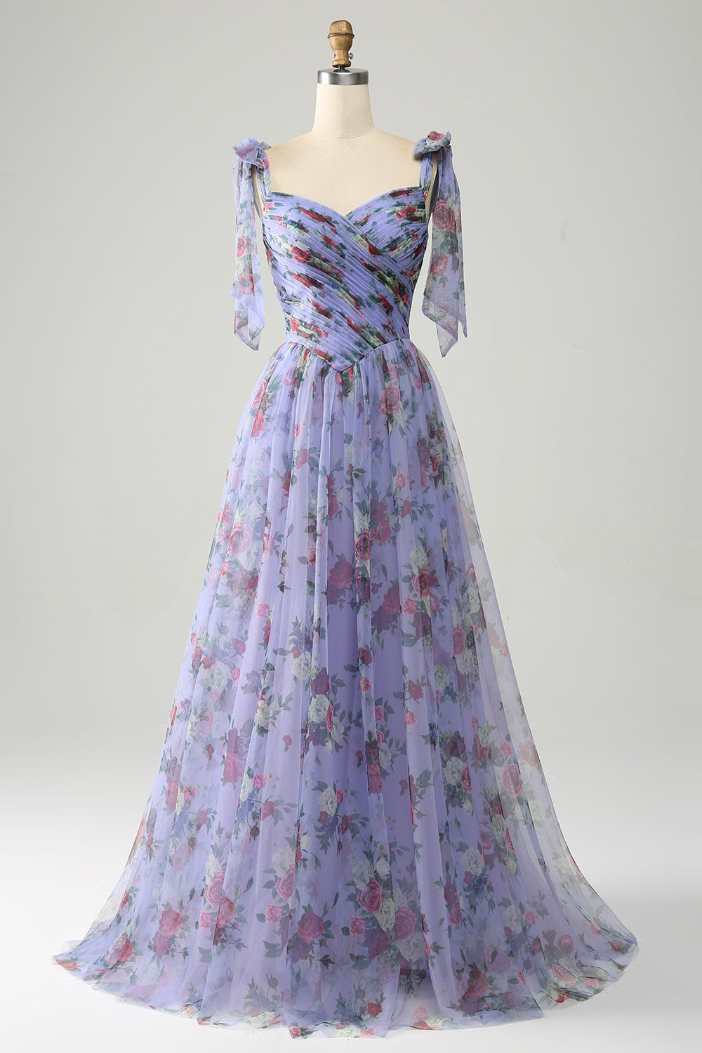Lavender A-Line Off The Shoulder Floral Print Pleated Tulle Prom Dress