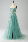 Green A-Line Spaghetti Straps Long Corset Prom Dress with Appliques