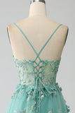 Green A-Line Spaghetti Straps Long Corset Prom Dress with Appliques