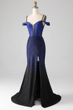 Navy Mermaid Spaghetti Straps Long Corset Sparkly Prom Dress with Slit