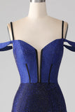 Navy Mermaid Spaghetti Straps Long Corset Sparkly Prom Dress with Slit