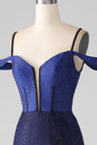 Navy Mermaid Spaghetti Straps Long Corset Sparkly Prom Dress with Slit