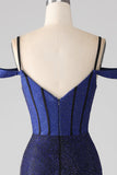 Navy Mermaid Spaghetti Straps Long Corset Sparkly Prom Dress with Slit