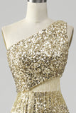Golden Mermaid One Shoulder Fringe Sequin Prom Dress With Slit