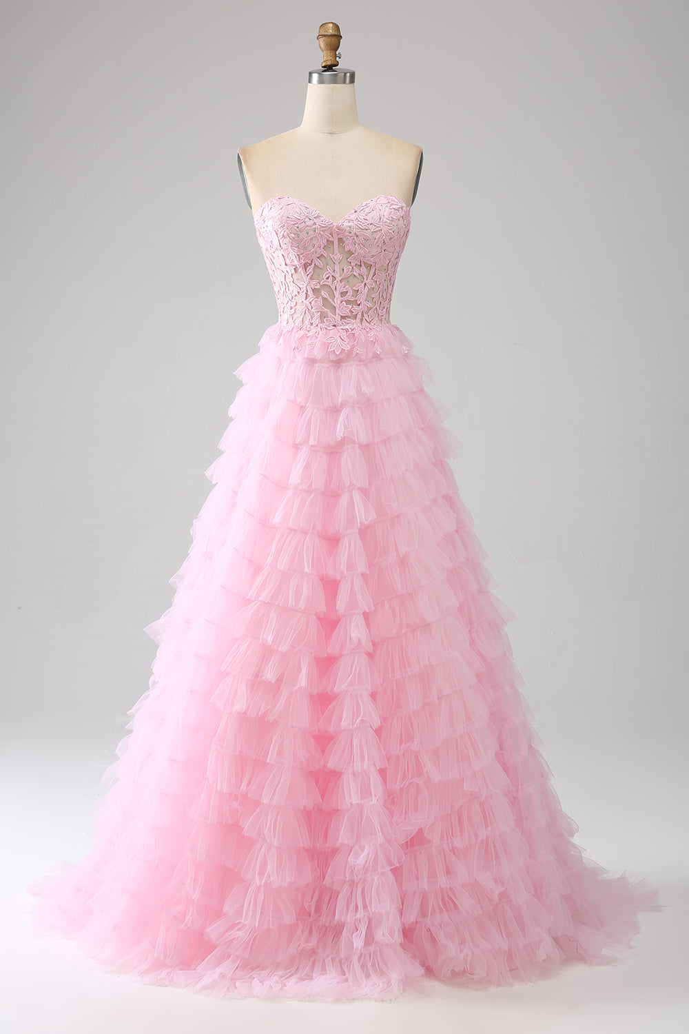 Pink A-Line Strapless Tiered Corset Long Prom Dress