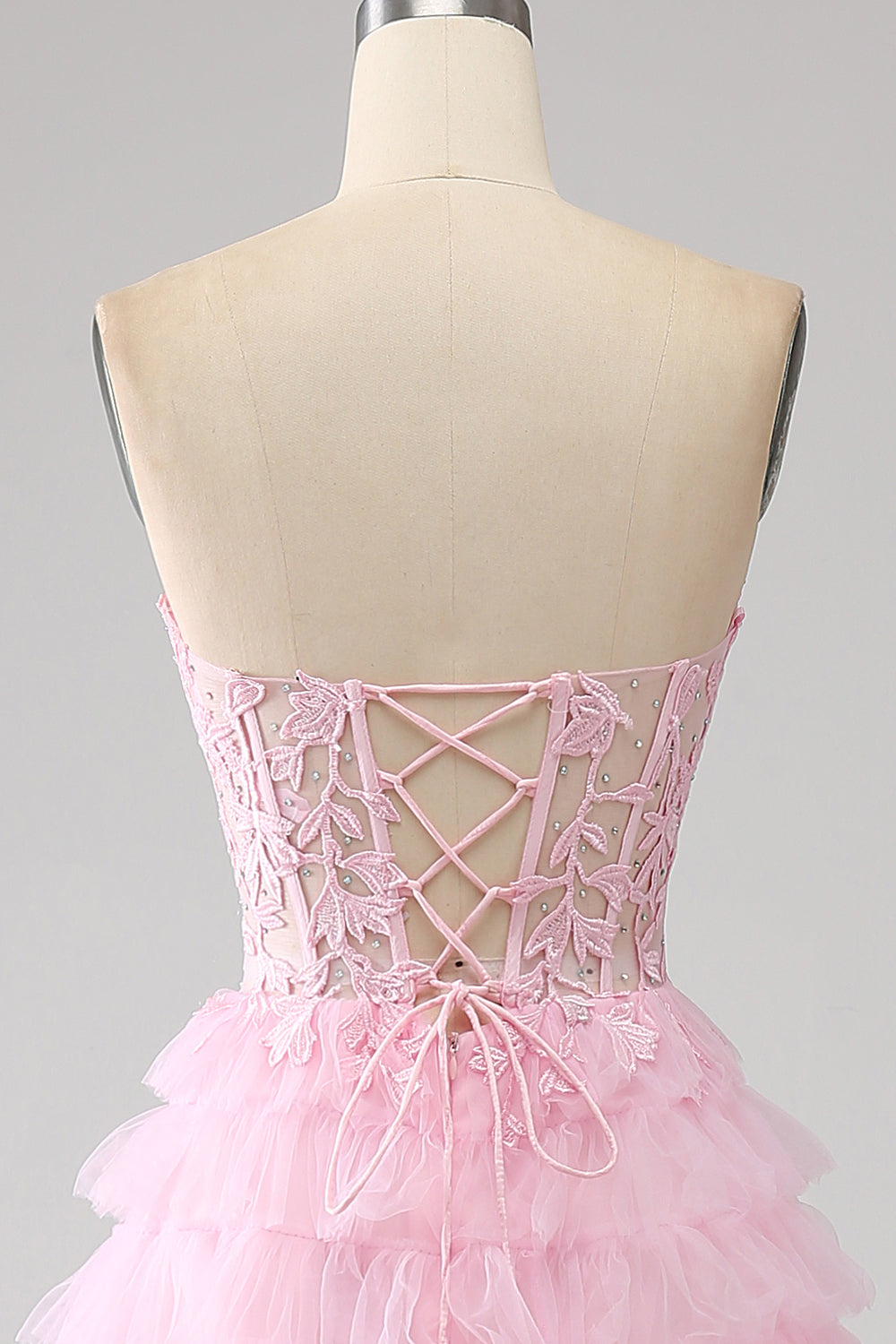 Pink A-Line Strapless Tiered Corset Long Prom Dress