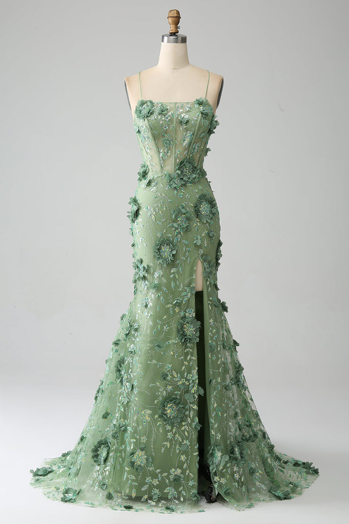 Green Embroidery Halter Corset Mermaid Evening Dress with Slit
