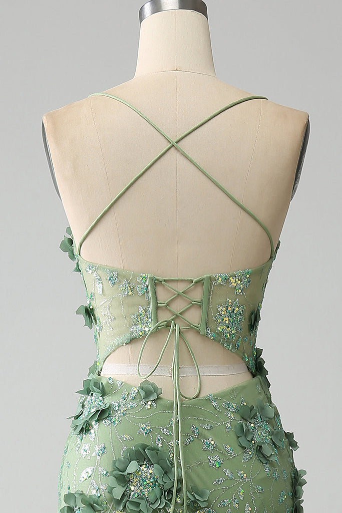 Spaghetti Straps Mermaid Applique Long Corset Prom Dress