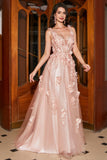 Blush A-Line Spaghetti Straps Long Appliqued Prom Dress with Slit