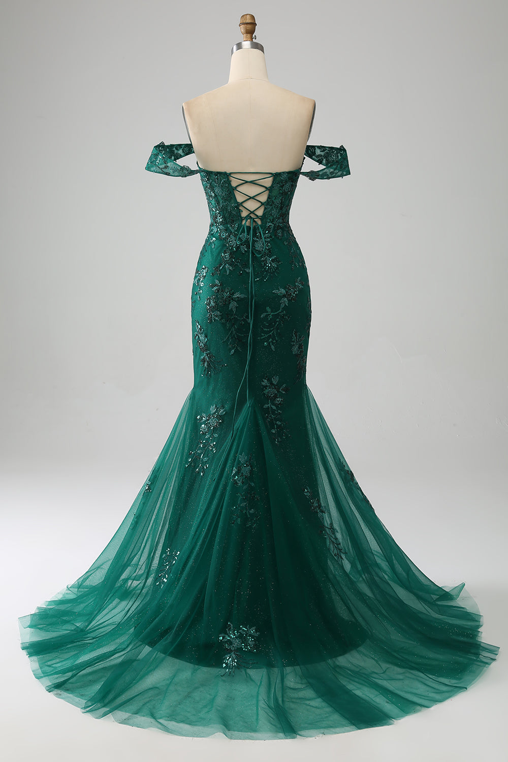 Mermaid Dark Green Off The Shoulder Applique Prom Dress with Slit