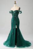 Mermaid Dark Green Off The Shoulder Applique Prom Dress with Slit