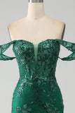 Mermaid Dark Green Off The Shoulder Applique Prom Dress with Slit