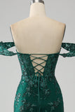 Mermaid Dark Green Off The Shoulder Applique Prom Dress with Slit