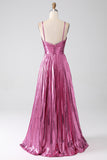 Fuchsia A-Line Spaghetti Straps Pleated Sparkly Prom Dress with Slit