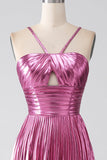 Fuchsia A-Line Spaghetti Straps Pleated Sparkly Metallic Prom Dress with Slit