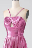 Fuchsia A-Line Spaghetti Straps Pleated Sparkly Metallic Prom Dress with Slit