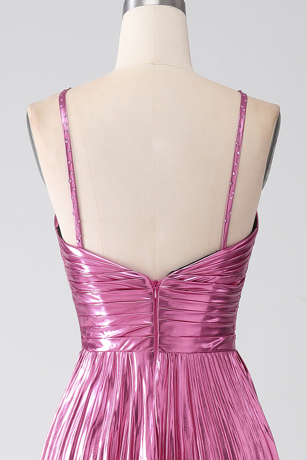 Fuchsia A-Line Spaghetti Straps Pleated Sparkly Prom Dress with Slit