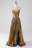 Fuchsia A-Line Spaghetti Straps Pleated Sparkly Metallic Prom Dress with Slit