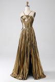 Fuchsia A-Line Spaghetti Straps Pleated Sparkly Metallic Prom Dress with Slit