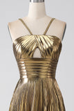 Fuchsia A-Line Spaghetti Straps Pleated Sparkly Metallic Prom Dress with Slit