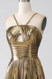 Fuchsia A-Line Spaghetti Straps Pleated Sparkly Metallic Prom Dress with Slit