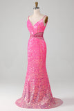Hot Pink Mermaid Spaghetti Straps Glitter Prom Dress with Beading Waist