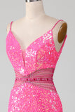 Hot Pink Mermaid Spaghetti Straps Glitter Prom Dress with Beading Waist