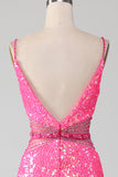 Hot Pink Mermaid Spaghetti Straps Glitter Prom Dress with Beading Waist