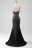 Black  Mermaid Strapless Glitter Long Prom Dress with Slit