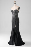 Black Mermaid Strapless Glitter Long Prom Dress with Slit