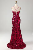 Fuchsia Mermaid Spaghetti Straps Sparkly Sequins Long Prom Dress with Slit