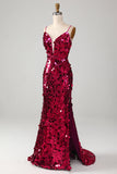 Fuchsia Mermaid Spaghetti Straps Sparkly Sequins Long Prom Dress with Slit