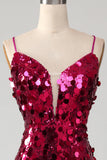 Fuchsia Mermaid Spaghetti Straps Sparkly Sequins Long Prom Dress with Slit