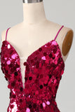 Fuchsia Mermaid Spaghetti Straps Sparkly Sequins Long Prom Dress with Slit