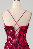 Fuchsia Mermaid Spaghetti Straps Sparkly Sequins Long Prom Dress with Slit