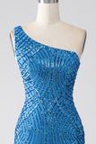 Blue Mermaid One Shoulder Sequins Long Glitter Prom Dress