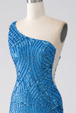 Blue Mermaid One Shoulder Sequins Long Glitter Prom Dress