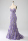 Sparkly Mermaid Lilac Spaghetti Straps Long Prom Dress