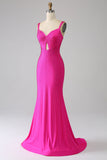 Sparkly Hot Pink Mermaid Spaghetti Straps Hollow-Out Long Prom Dress
