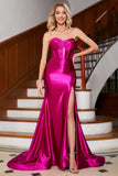 Sparkly Fuchsia Mermaid Sweetheart Corset Long Prom Dress with Slit