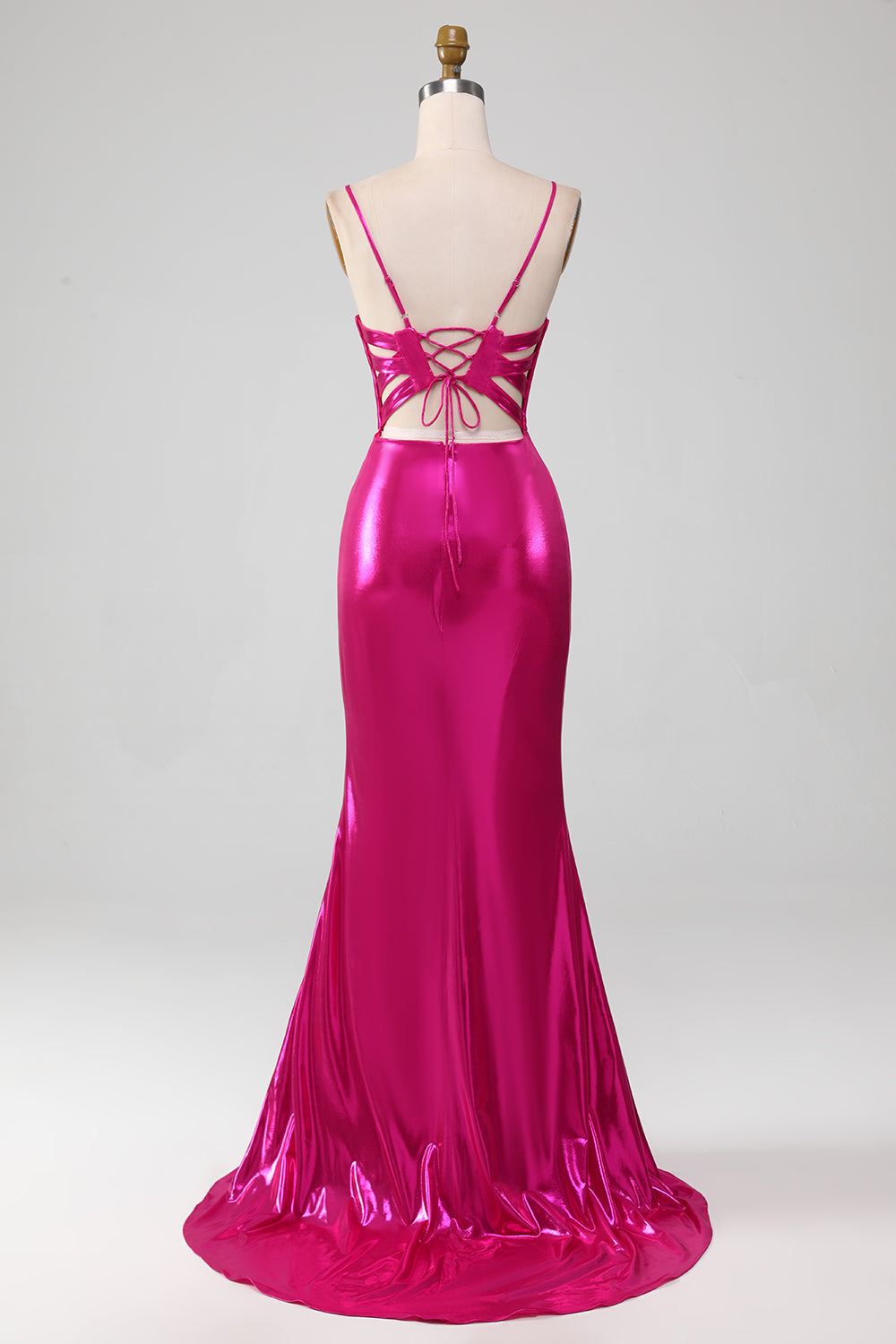 Sparkly Hot Pink Mermaid Spaghetti Straps Simple Prom Dress With Slit