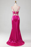 Sparkly Hot Pink Mermaid Spaghetti Straps Simple Prom Dress With Slit
