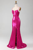 Sparkly Hot Pink Mermaid Spaghetti Straps Simple Prom Dress With Slit