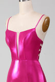 Sparkly Hot Pink Mermaid Spaghetti Straps Simple Prom Dress With Slit