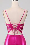 Sparkly Hot Pink Mermaid Spaghetti Straps Simple Prom Dress With Slit