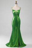 Sparkly Hot Pink Mermaid Spaghetti Straps Simple Prom Dress With Slit