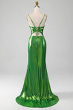 Sparkly Hot Pink Mermaid Spaghetti Straps Simple Prom Dress With Slit