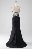 Mermaid Black Spaghetti Straps Long Prom Dress with Slit