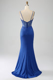 Royal Blue Mermaid Corset Sparkly Beaded Prom Dress with Slit