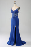 Royal Blue Mermaid Corset Sparkly Beaded Prom Dress with Slit